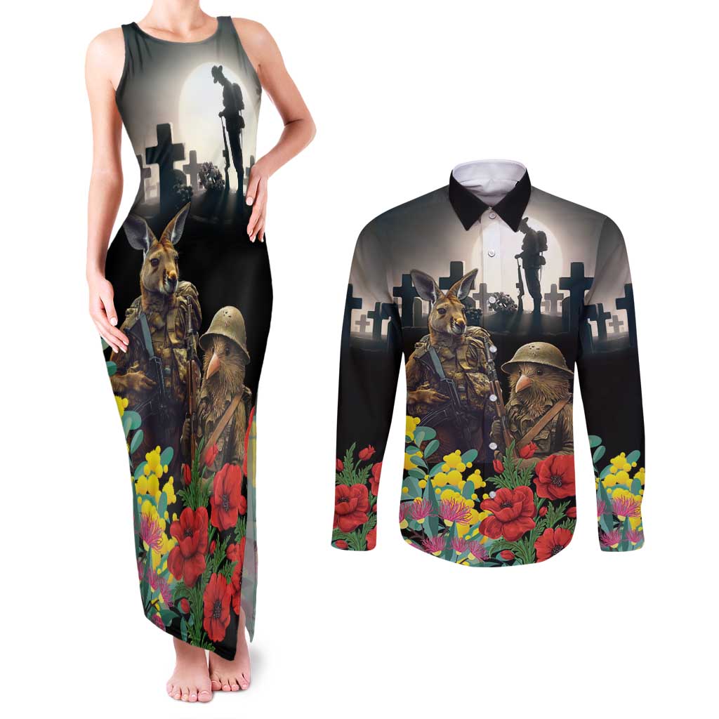 Kangaroo-Kiwi Soldier ANZAC Personalised Couples Matching Tank Maxi Dress and Long Sleeve Button Shirt Golden Wattle Poppy Flowers LT9 Black - Polynesian Pride