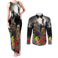 Kangaroo-Kiwi Soldier ANZAC Personalised Couples Matching Tank Maxi Dress and Long Sleeve Button Shirt Golden Wattle Poppy Flowers LT9 Black - Polynesian Pride