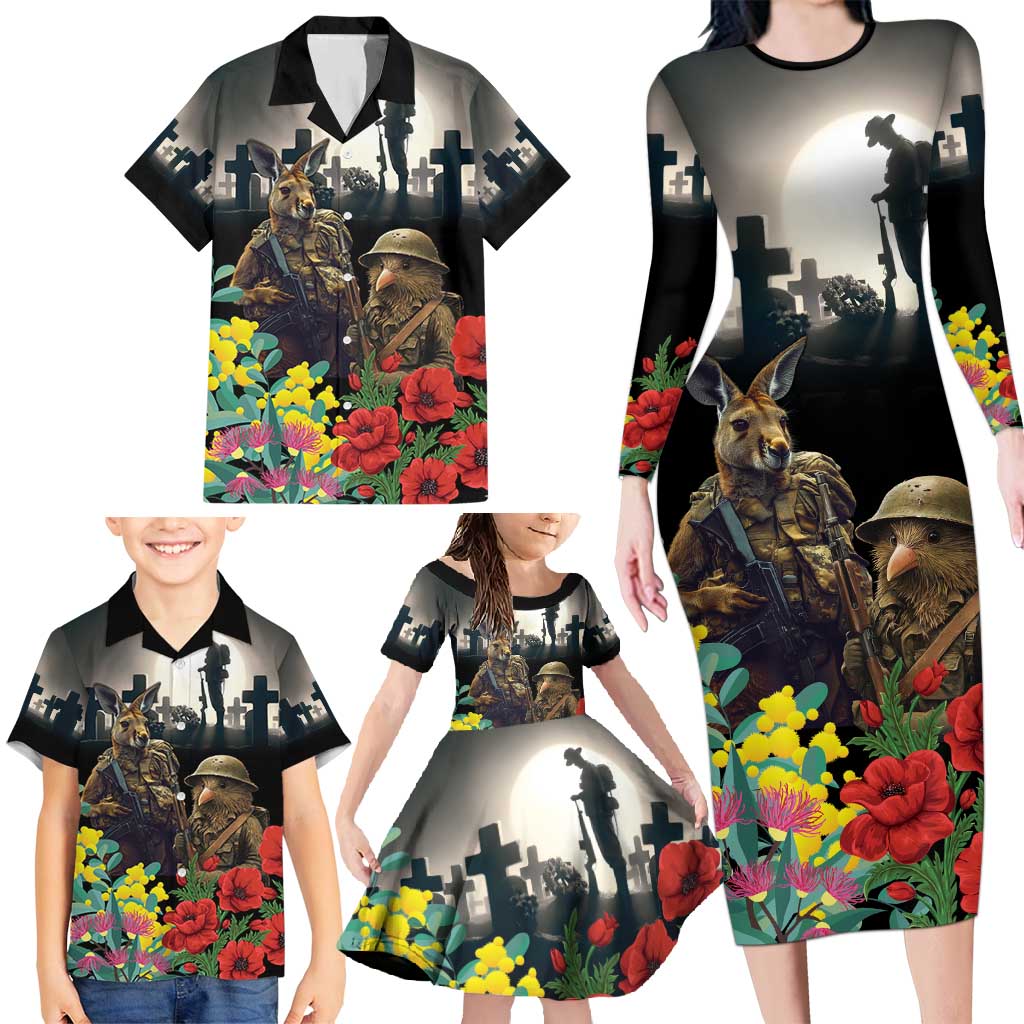 Kangaroo-Kiwi Soldier ANZAC Personalised Family Matching Long Sleeve Bodycon Dress and Hawaiian Shirt Golden Wattle Poppy Flowers