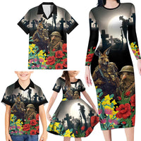 Kangaroo-Kiwi Soldier ANZAC Personalised Family Matching Long Sleeve Bodycon Dress and Hawaiian Shirt Golden Wattle Poppy Flowers