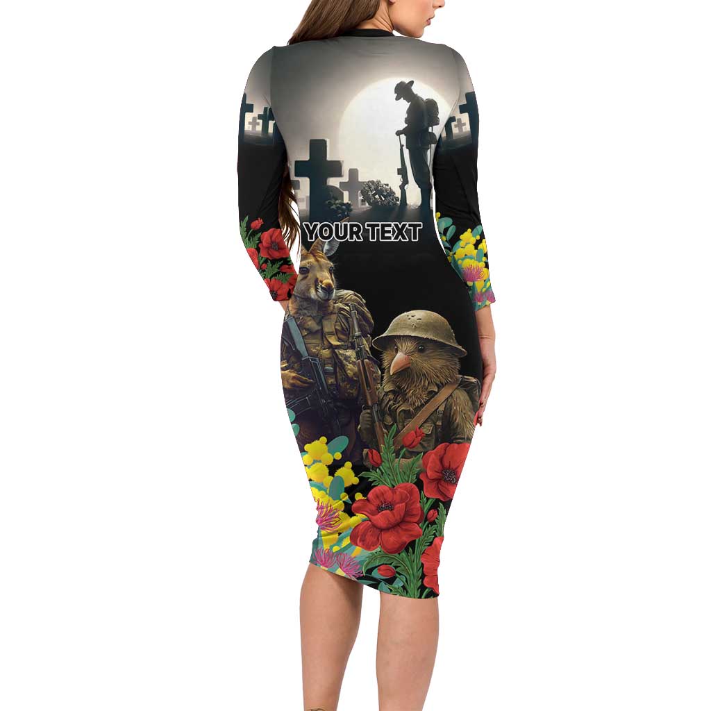 Kangaroo-Kiwi Soldier ANZAC Personalised Family Matching Long Sleeve Bodycon Dress and Hawaiian Shirt Golden Wattle Poppy Flowers