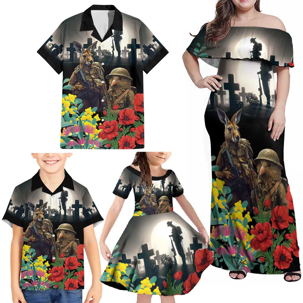 Kangaroo-Kiwi Soldier ANZAC Personalised Family Matching Off Shoulder Maxi Dress and Hawaiian Shirt Golden Wattle Poppy Flowers
