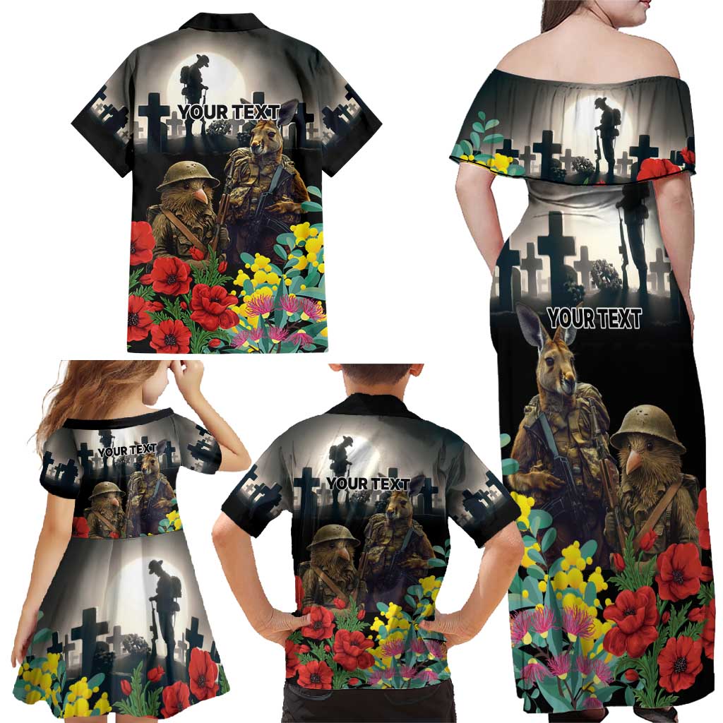 Kangaroo-Kiwi Soldier ANZAC Personalised Family Matching Off Shoulder Maxi Dress and Hawaiian Shirt Golden Wattle Poppy Flowers