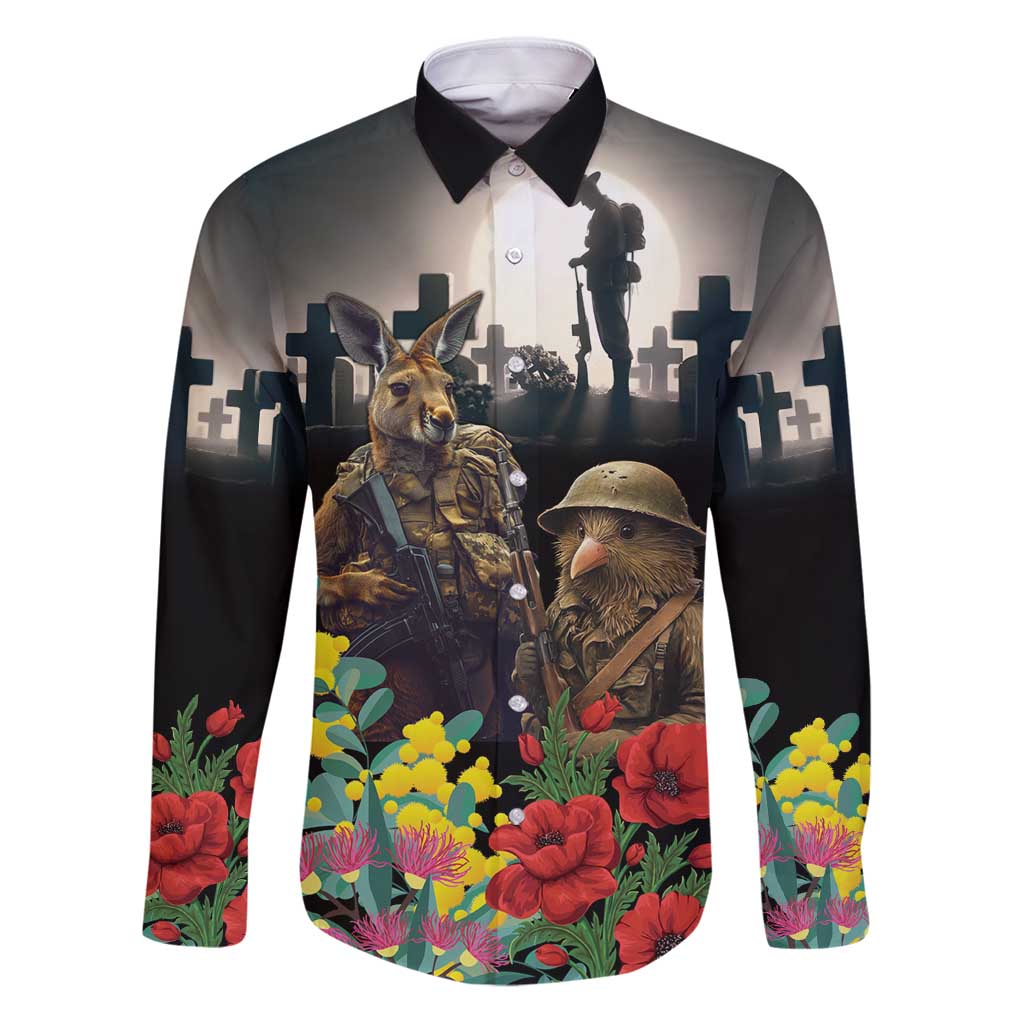 Kangaroo-Kiwi Soldier ANZAC Personalised Family Matching Puletasi and Hawaiian Shirt Golden Wattle Poppy Flowers