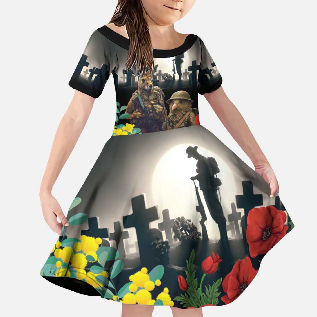 Kangaroo-Kiwi Soldier ANZAC Personalised Family Matching Short Sleeve Bodycon Dress and Hawaiian Shirt Golden Wattle Poppy Flowers