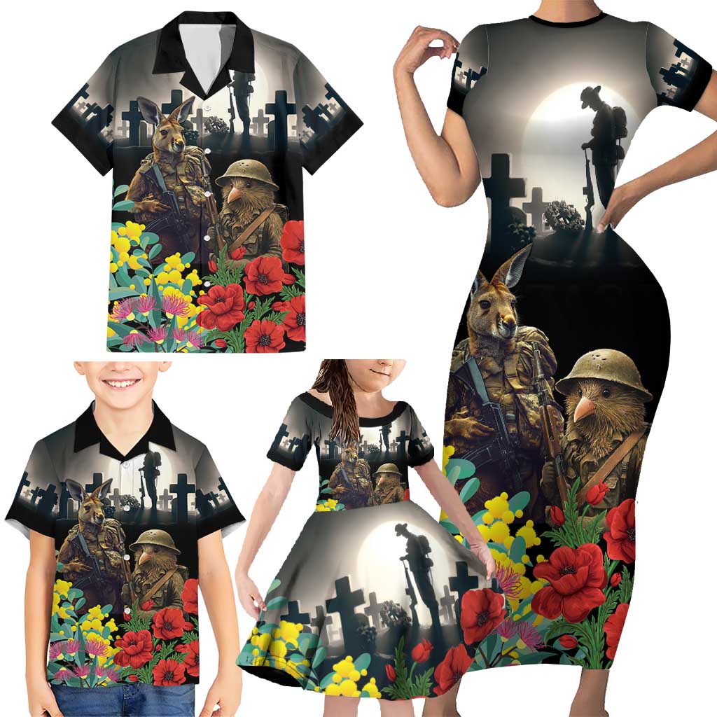 Kangaroo-Kiwi Soldier ANZAC Personalised Family Matching Short Sleeve Bodycon Dress and Hawaiian Shirt Golden Wattle Poppy Flowers