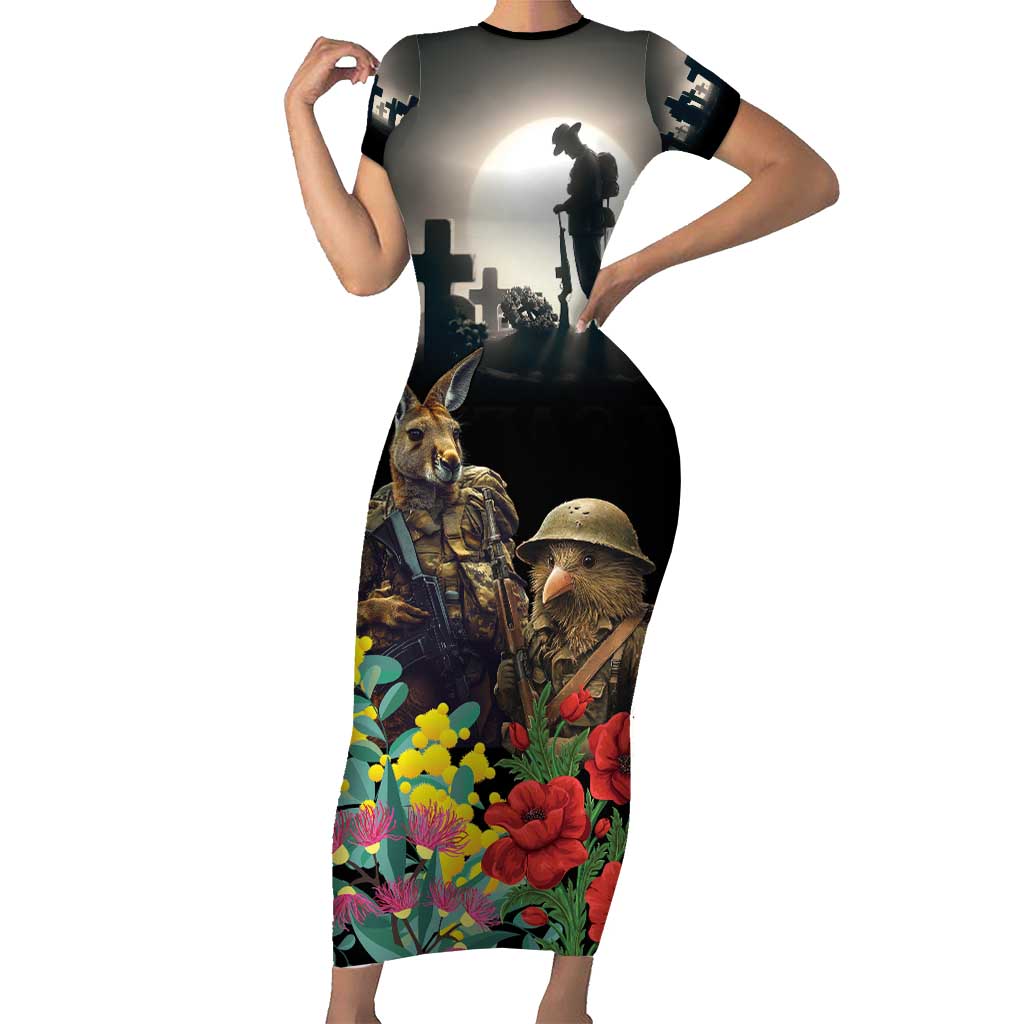 Kangaroo-Kiwi Soldier ANZAC Personalised Family Matching Short Sleeve Bodycon Dress and Hawaiian Shirt Golden Wattle Poppy Flowers