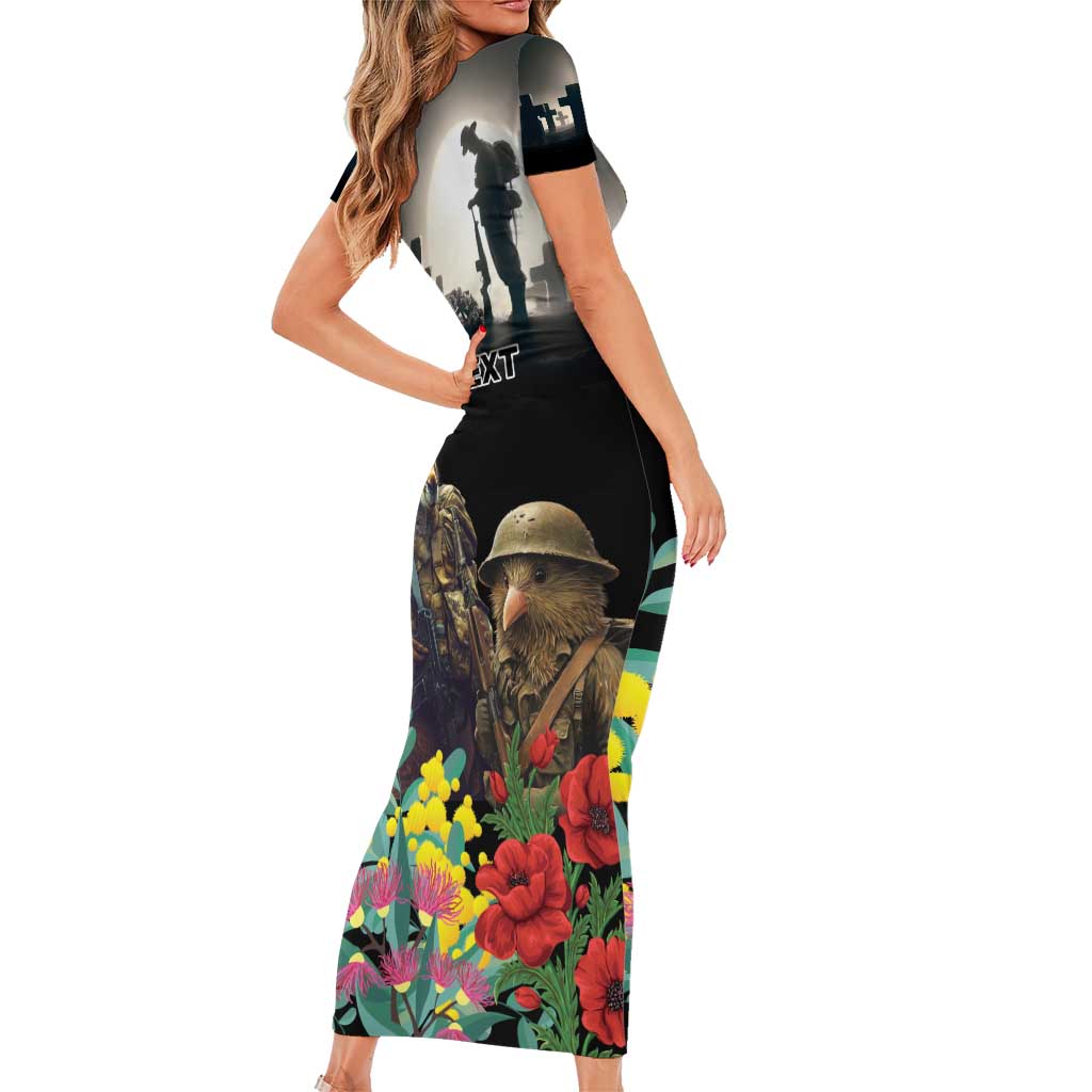 Kangaroo-Kiwi Soldier ANZAC Personalised Family Matching Short Sleeve Bodycon Dress and Hawaiian Shirt Golden Wattle Poppy Flowers