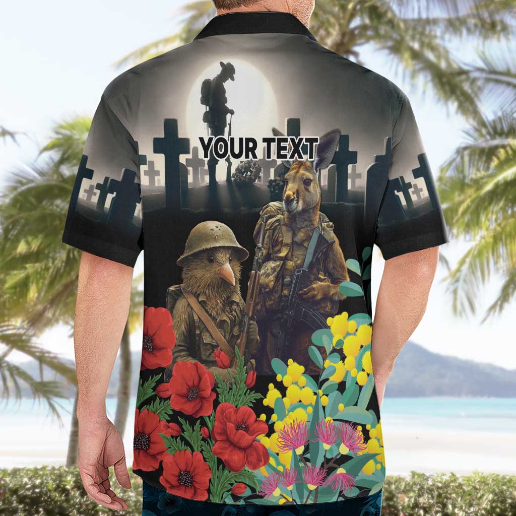 Kangaroo-Kiwi Soldier ANZAC Personalised Hawaiian Shirt Golden Wattle Poppy Flowers