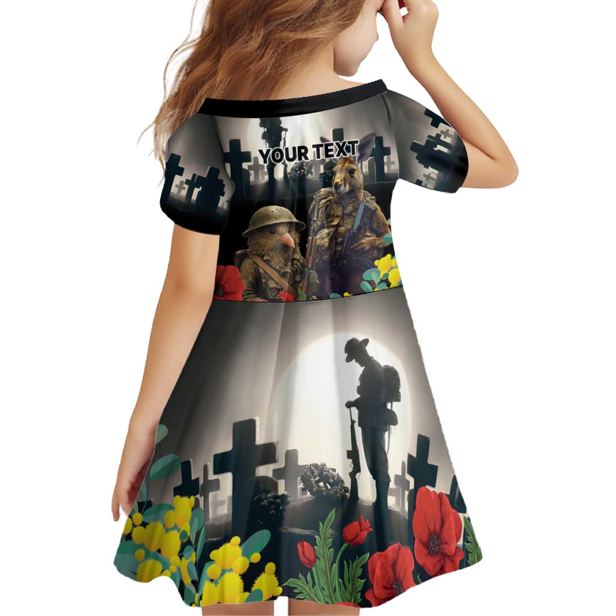 Kangaroo-Kiwi Soldier ANZAC Personalised Kid Short Sleeve Dress Golden Wattle Poppy Flowers