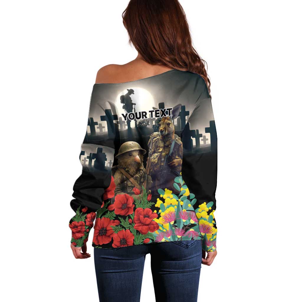 Kangaroo-Kiwi Soldier ANZAC Personalised Off Shoulder Sweater Golden Wattle Poppy Flowers