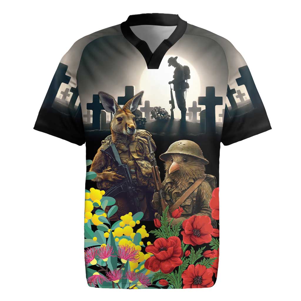Kangaroo-Kiwi Soldier ANZAC Personalised Rugby Jersey Golden Wattle Poppy Flowers