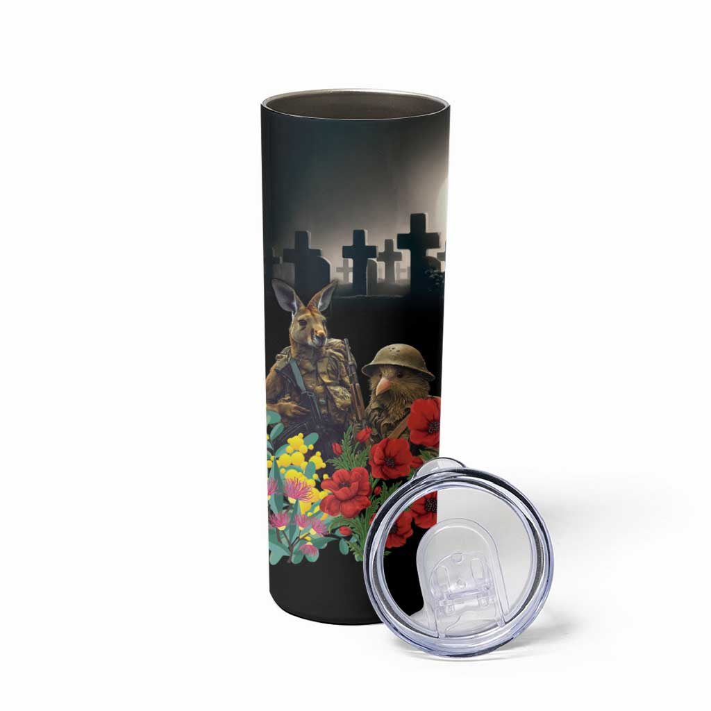 Kangaroo-Kiwi Soldier ANZAC Personalised Skinny Tumbler Golden Wattle Poppy Flowers
