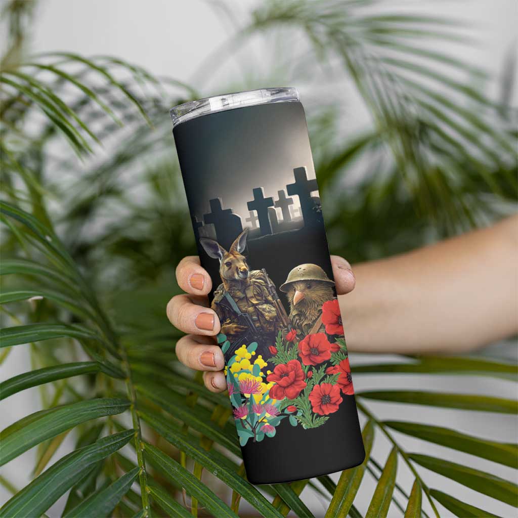 Kangaroo-Kiwi Soldier ANZAC Personalised Skinny Tumbler Golden Wattle Poppy Flowers