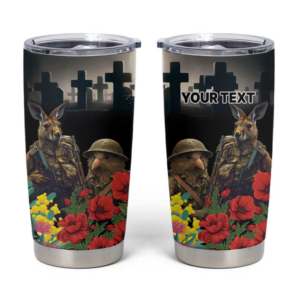Kangaroo-Kiwi Soldier ANZAC Personalised Tumbler Cup Golden Wattle Poppy Flowers