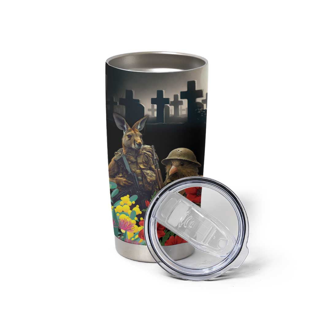 Kangaroo-Kiwi Soldier ANZAC Personalised Tumbler Cup Golden Wattle Poppy Flowers