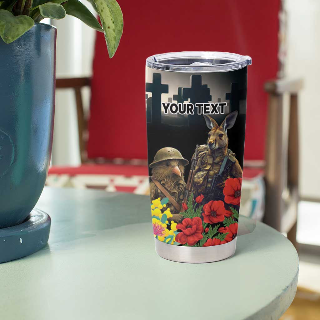 Kangaroo-Kiwi Soldier ANZAC Personalised Tumbler Cup Golden Wattle Poppy Flowers