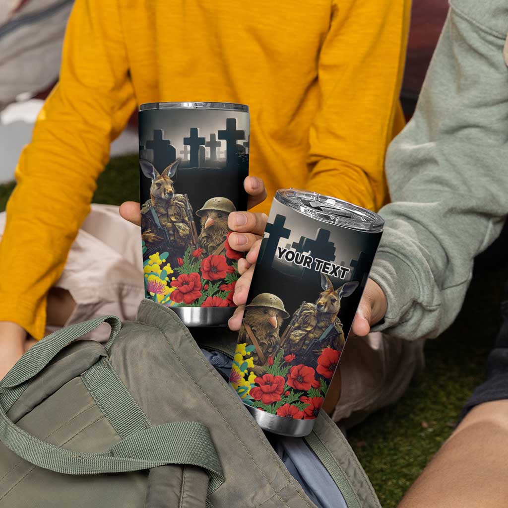Kangaroo-Kiwi Soldier ANZAC Personalised Tumbler Cup Golden Wattle Poppy Flowers