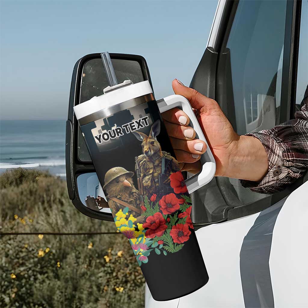 Kangaroo-Kiwi Soldier ANZAC Personalised Tumbler With Handle Golden Wattle Poppy Flowers