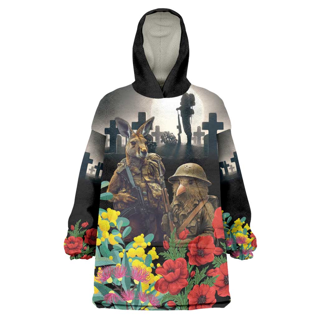 Kangaroo-Kiwi Soldier ANZAC Personalised Wearable Blanket Hoodie Golden Wattle Poppy Flowers