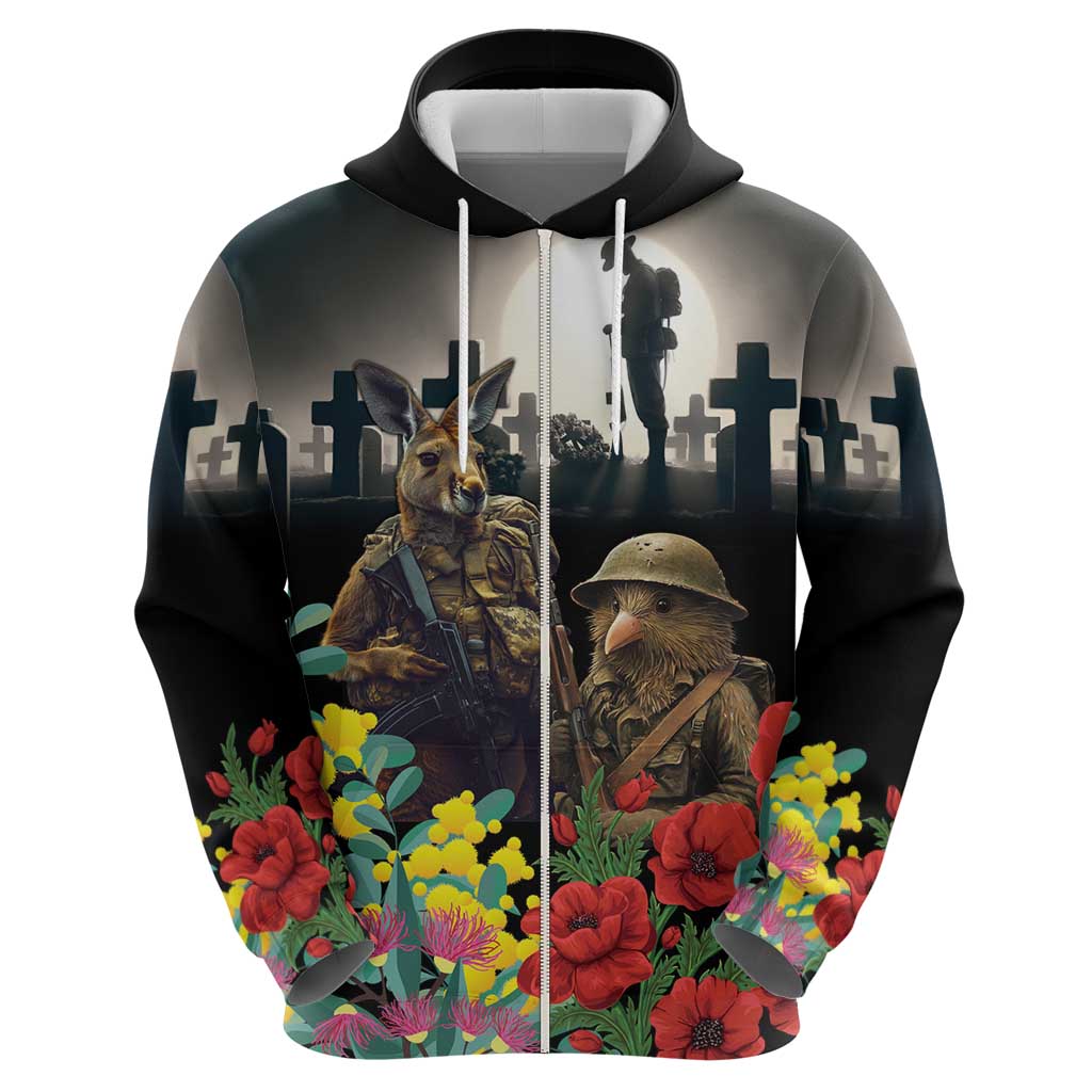 Kangaroo-Kiwi Soldier ANZAC Personalised Zip Hoodie Golden Wattle Poppy Flowers