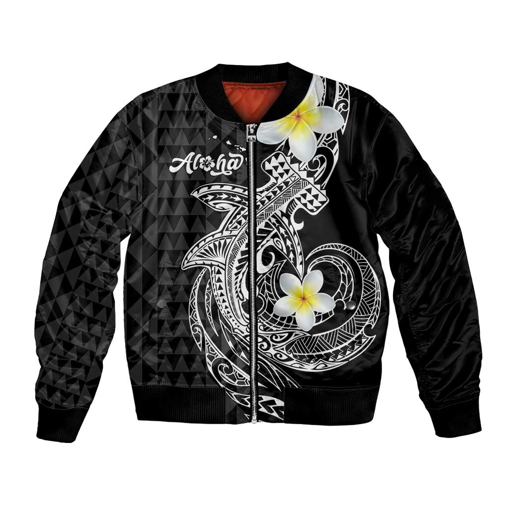 Aloha Hammerhead Shark Bomber Jacket Black Hawaiian Kakau Tribal Tattoo