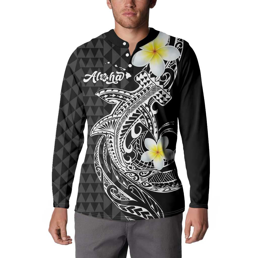 Aloha Hammerhead Shark Button Sweatshirt Black Hawaiian Kakau Tribal Tattoo LT9 - Polynesian Pride