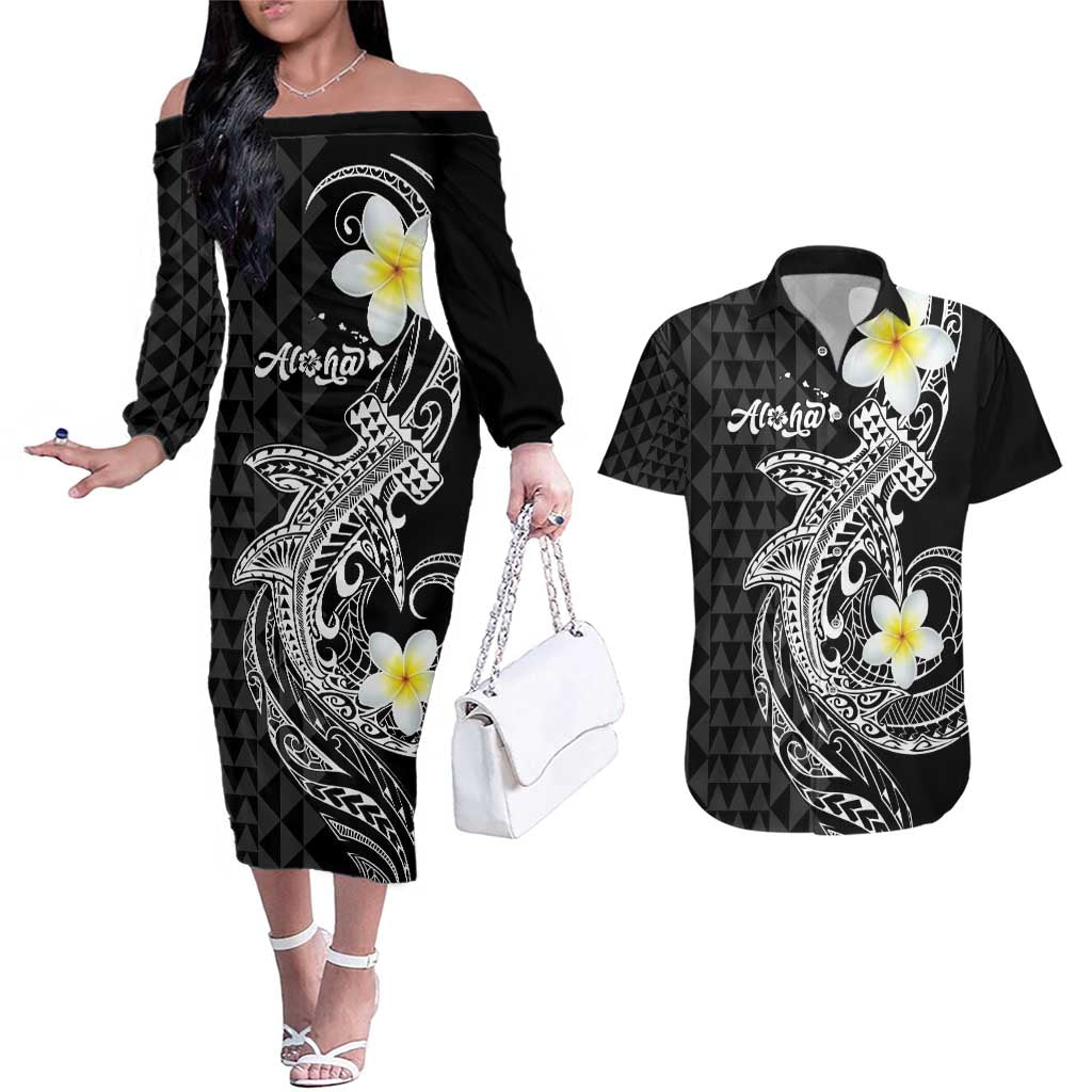 Aloha Hammerhead Shark Couples Matching Off The Shoulder Long Sleeve Dress and Hawaiian Shirt Black Hawaiian Kakau Tribal Tattoo LT9 Black - Polynesian Pride