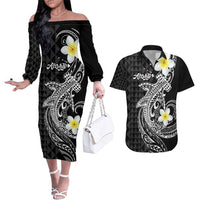 Aloha Hammerhead Shark Couples Matching Off The Shoulder Long Sleeve Dress and Hawaiian Shirt Black Hawaiian Kakau Tribal Tattoo LT9 Black - Polynesian Pride