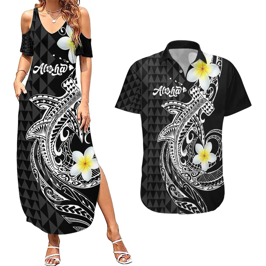 Aloha Hammerhead Shark Couples Matching Summer Maxi Dress and Hawaiian Shirt Black Hawaiian Kakau Tribal Tattoo LT9 Black - Polynesian Pride