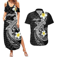 Aloha Hammerhead Shark Couples Matching Summer Maxi Dress and Hawaiian Shirt Black Hawaiian Kakau Tribal Tattoo LT9 Black - Polynesian Pride
