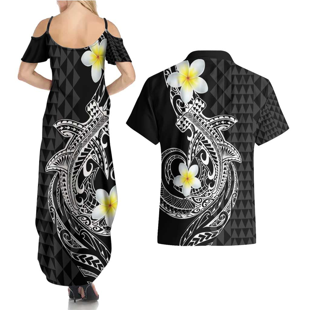 Aloha Hammerhead Shark Couples Matching Summer Maxi Dress and Hawaiian Shirt Black Hawaiian Kakau Tribal Tattoo LT9 - Polynesian Pride