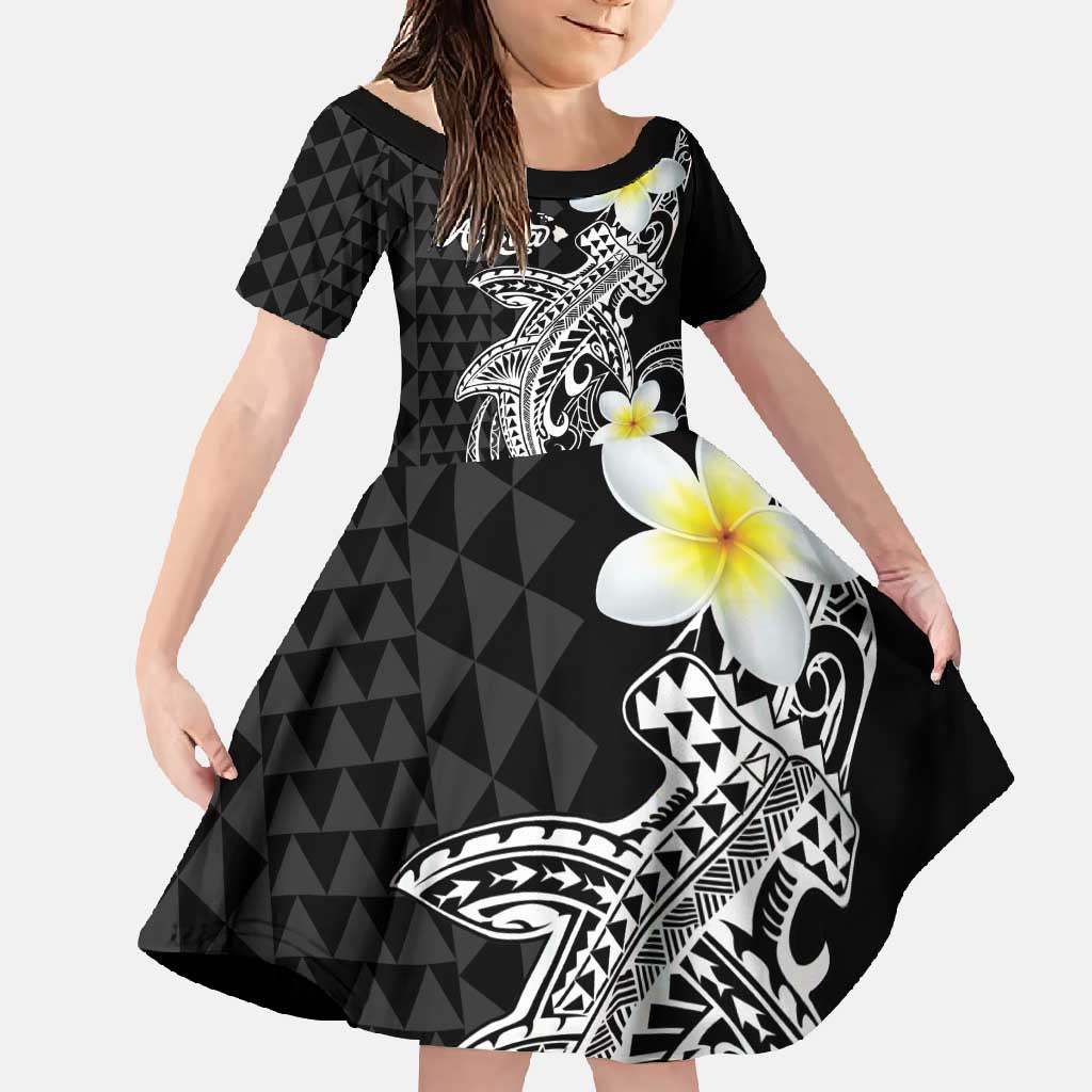Aloha Hammerhead Shark Family Matching Long Sleeve Bodycon Dress and Hawaiian Shirt Black Hawaiian Kakau Tribal Tattoo