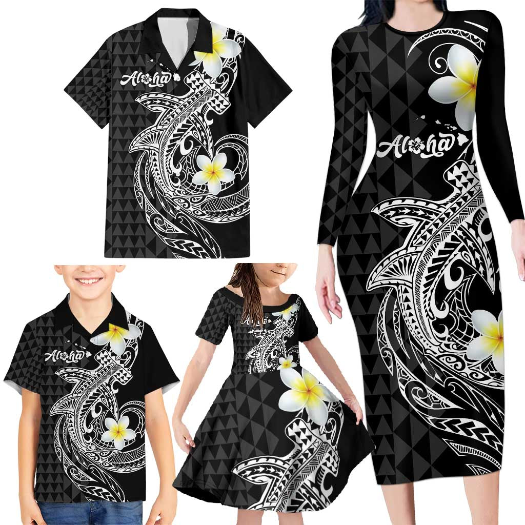 Aloha Hammerhead Shark Family Matching Long Sleeve Bodycon Dress and Hawaiian Shirt Black Hawaiian Kakau Tribal Tattoo