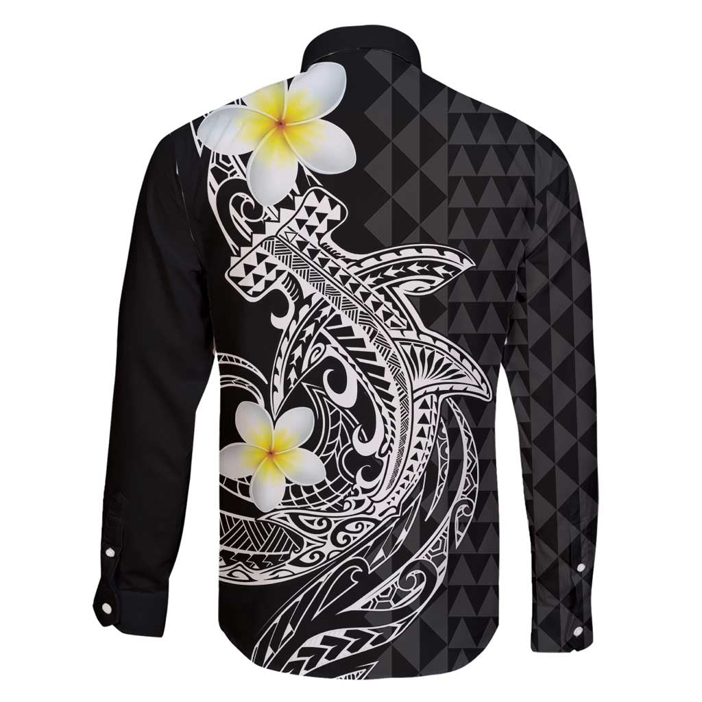 Aloha Hammerhead Shark Family Matching Long Sleeve Bodycon Dress and Hawaiian Shirt Black Hawaiian Kakau Tribal Tattoo