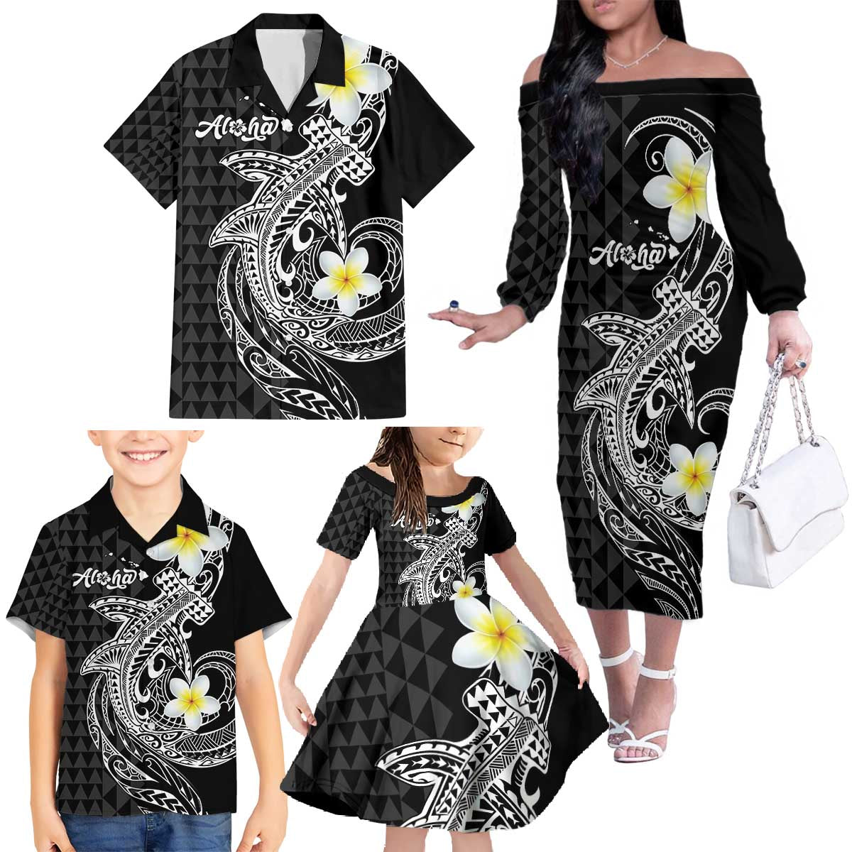 Aloha Hammerhead Shark Family Matching Off The Shoulder Long Sleeve Dress and Hawaiian Shirt Black Hawaiian Kakau Tribal Tattoo