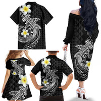 Aloha Hammerhead Shark Family Matching Off The Shoulder Long Sleeve Dress and Hawaiian Shirt Black Hawaiian Kakau Tribal Tattoo