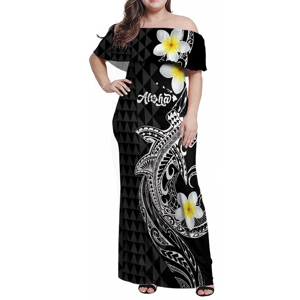 Aloha Hammerhead Shark Family Matching Off Shoulder Maxi Dress and Hawaiian Shirt Black Hawaiian Kakau Tribal Tattoo