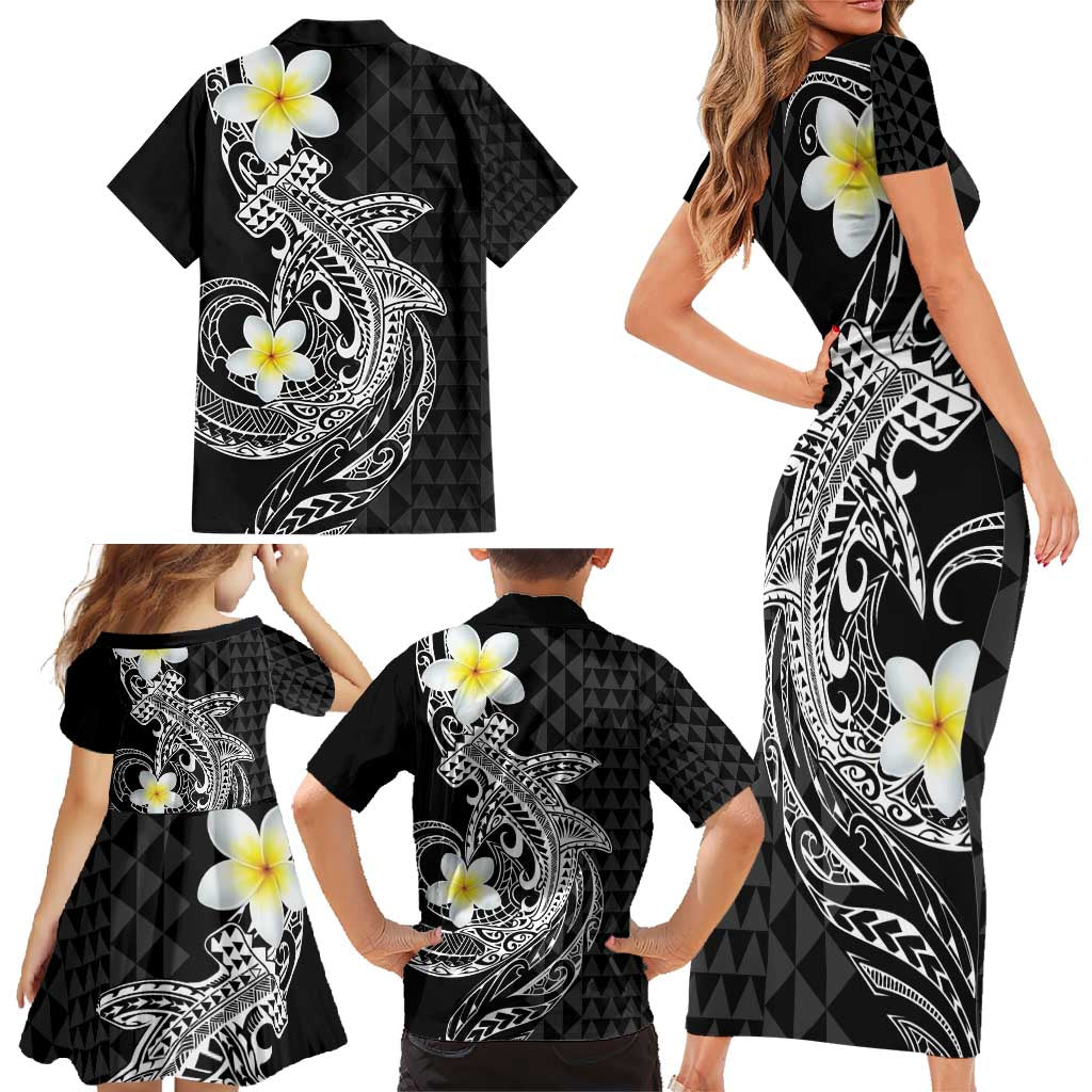 Aloha Hammerhead Shark Family Matching Short Sleeve Bodycon Dress and Hawaiian Shirt Black Hawaiian Kakau Tribal Tattoo