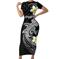 Aloha Hammerhead Shark Family Matching Short Sleeve Bodycon Dress and Hawaiian Shirt Black Hawaiian Kakau Tribal Tattoo