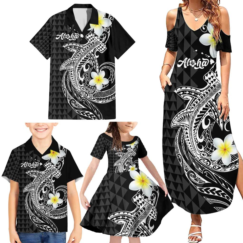Aloha Hammerhead Shark Family Matching Summer Maxi Dress and Hawaiian Shirt Black Hawaiian Kakau Tribal Tattoo