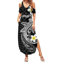 Aloha Hammerhead Shark Family Matching Summer Maxi Dress and Hawaiian Shirt Black Hawaiian Kakau Tribal Tattoo
