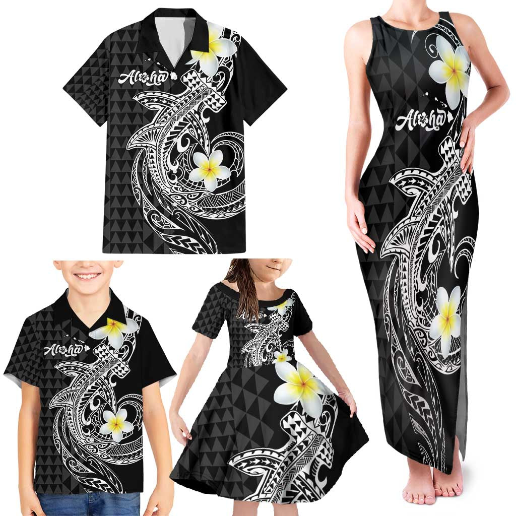 Aloha Hammerhead Shark Family Matching Tank Maxi Dress and Hawaiian Shirt Black Hawaiian Kakau Tribal Tattoo