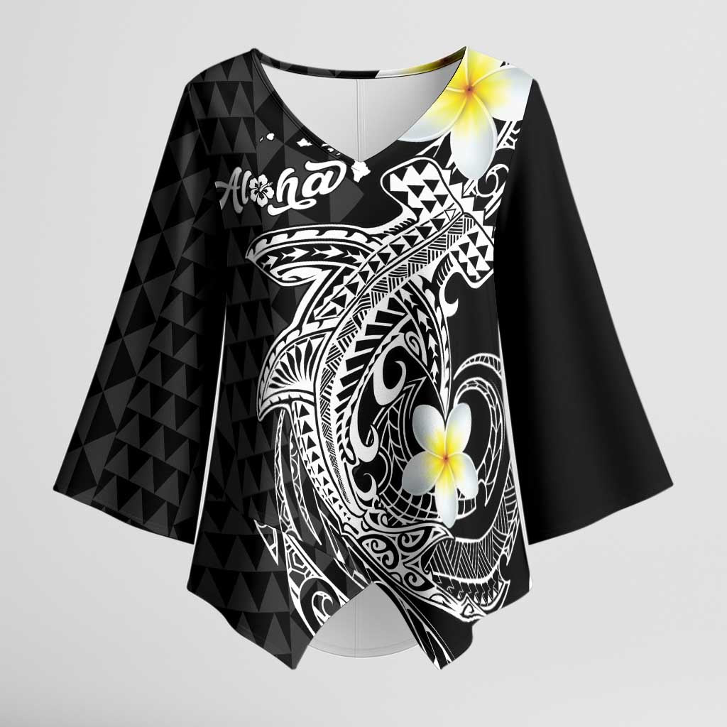 Aloha Hammerhead Shark Kimono Sleeve Blouse Black Hawaiian Kakau Tribal Tattoo - Polynesian Pride