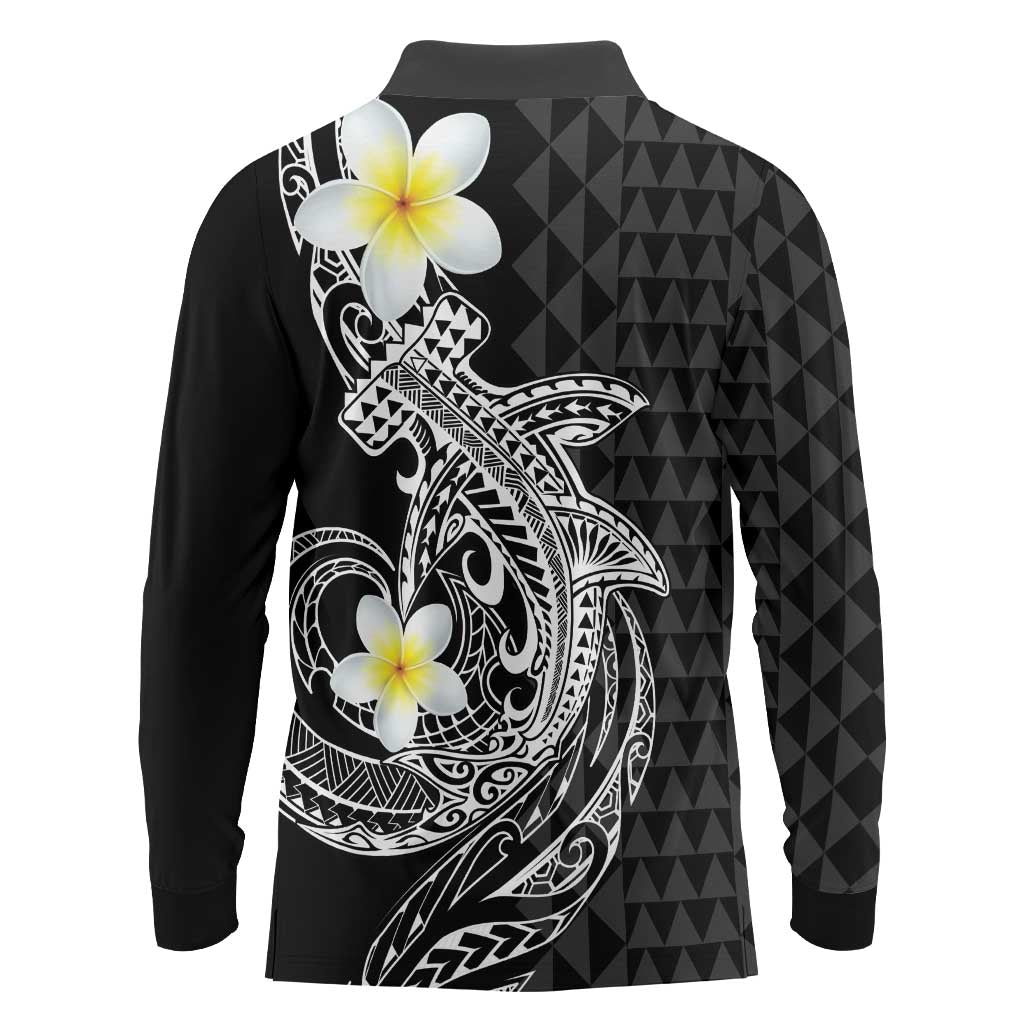 Aloha Hammerhead Shark Long Sleeve Polo Shirt Black Hawaiian Kakau Tribal Tattoo