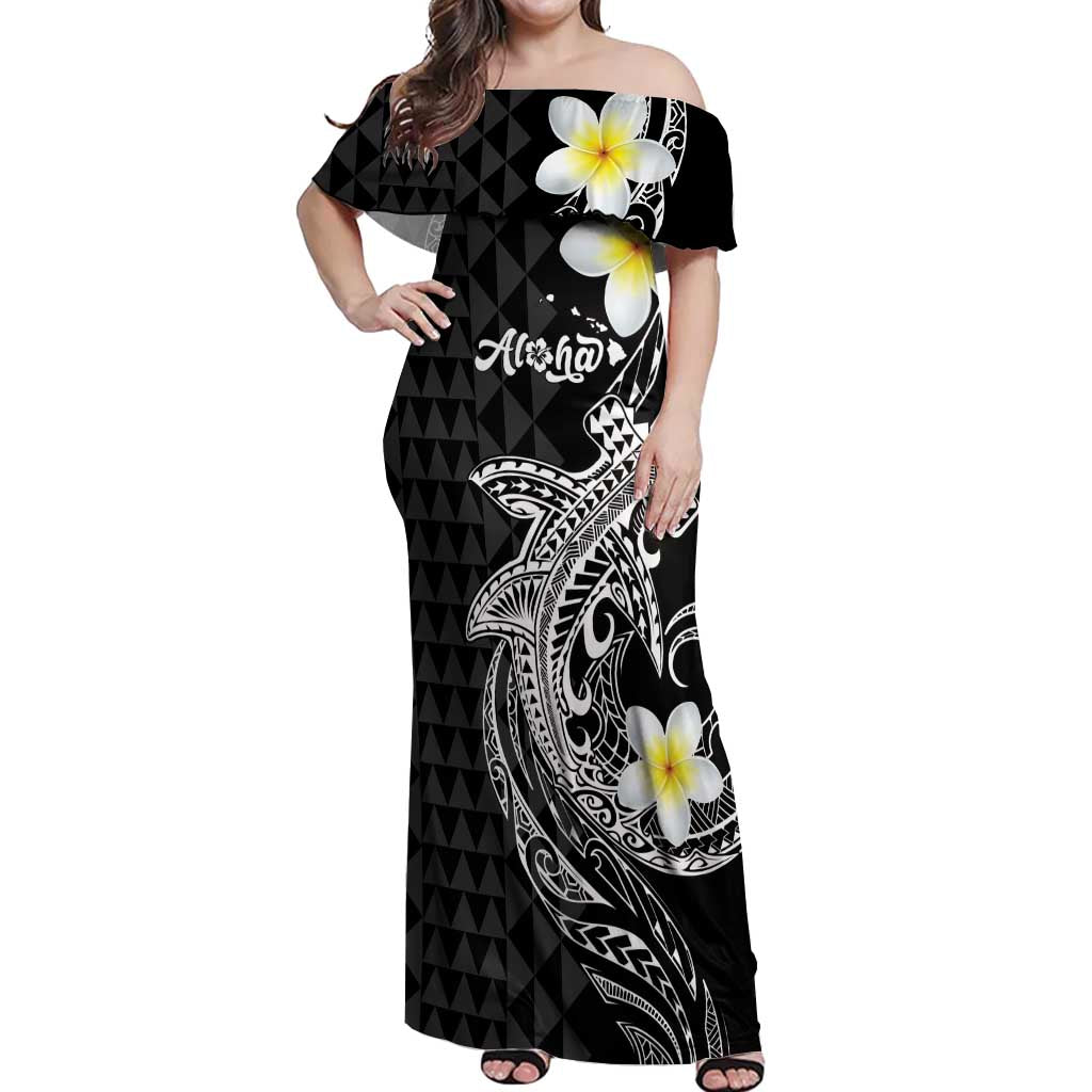 Aloha Hammerhead Shark Off Shoulder Maxi Dress Black Hawaiian Kakau Tribal Tattoo