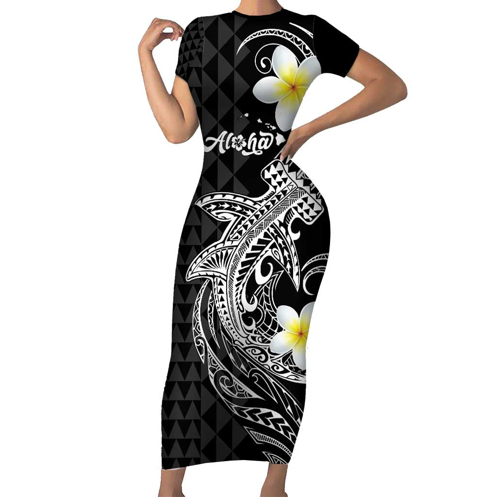 Aloha Hammerhead Shark Short Sleeve Bodycon Dress Black Hawaiian Kakau Tribal Tattoo LT9 Long Dress Black - Polynesian Pride