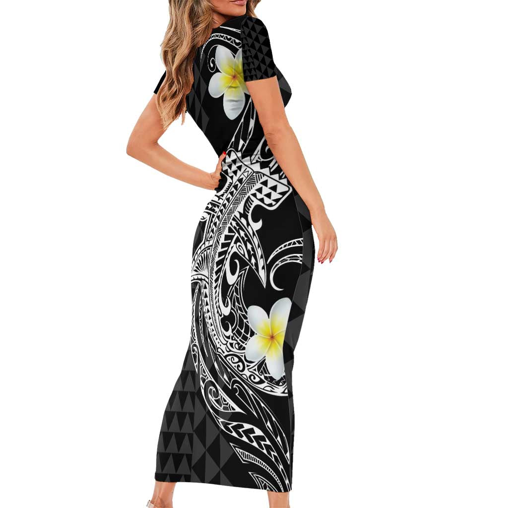 Aloha Hammerhead Shark Short Sleeve Bodycon Dress Black Hawaiian Kakau Tribal Tattoo LT9 - Polynesian Pride
