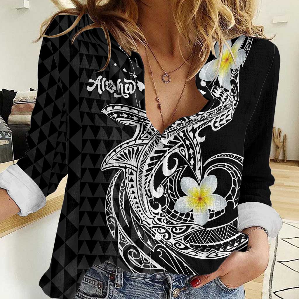 Aloha Hammerhead Shark Women Casual Shirt Black Hawaiian Kakau Tribal Tattoo