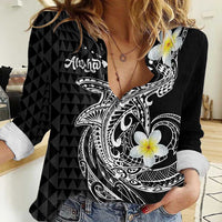 Aloha Hammerhead Shark Women Casual Shirt Black Hawaiian Kakau Tribal Tattoo